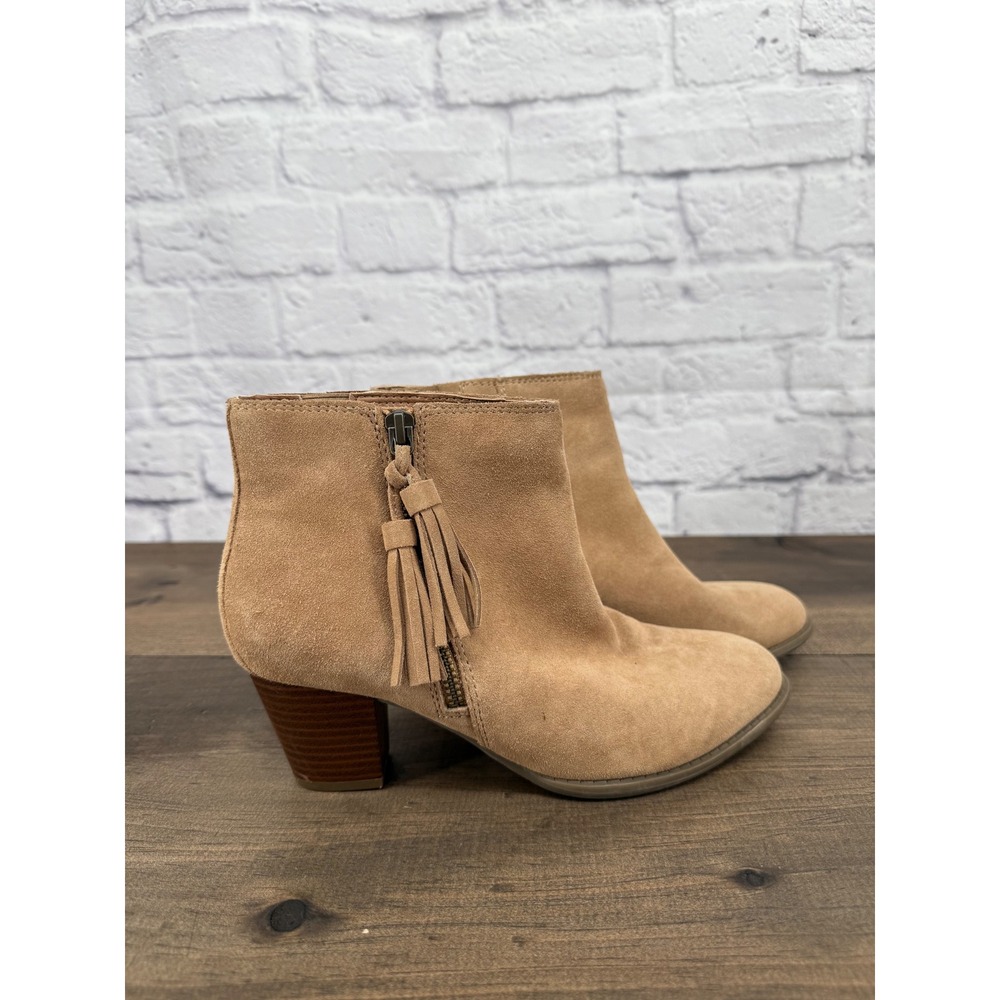 Vionic Madeline Tan Suede Ankle Boots Womens 6.5 Tassel Block Heel Western‎ Boho